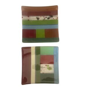 Hand-Fused Glass Plates Set Of 2  8" Red Green & Blue Design Holiday